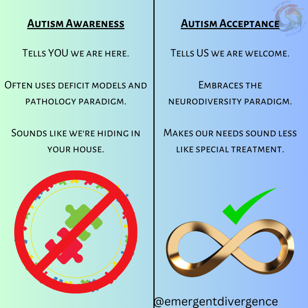 An image for Autism Awareness Month showing a crossed out puzzle piece next to a gold symbol with a green tick
On the left it reads
"Autism Awareness
Tells YOU we are here
Often uses deficit models and pathology paradigm
Sounds like we're hiding in your house"
Next to it is "Autism Acceptance
Tells US we are welcome
Embraces the neurodiversity paradigm
Makes our needs sound less like special treatment"