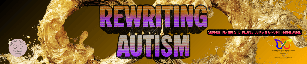 Banner for 'Rewriting Autism' course featuring bold purple text on a textured gold background, emphasizing support for autistic people using a 6-point framework.