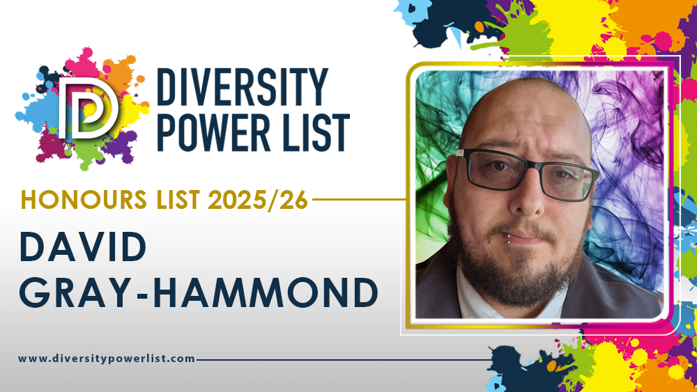 Image of the Diversity Power List 2025/26 honours list featuring David Gray-Hammond, with a colourful splash design in the background.